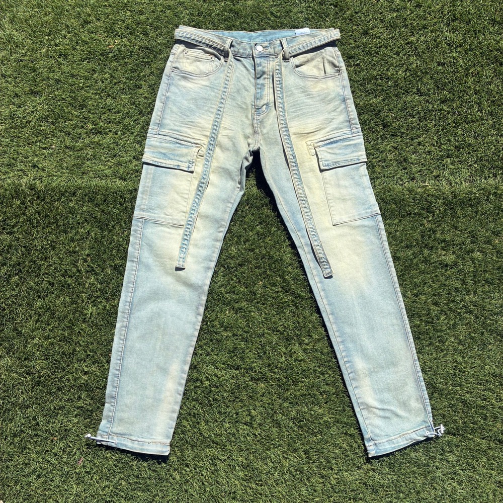 mnml Mens 32x31 Light Wash Stretch Denim Cargo Pants Adjustable Toggle Hem